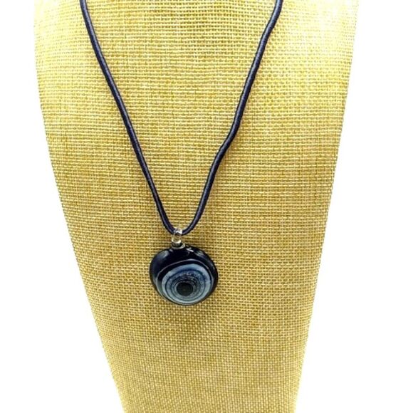 Evil Eye Necklace, Navy Blue Evil Eye Glass Disc Pendant On Black Cord - Picture 2 of 12